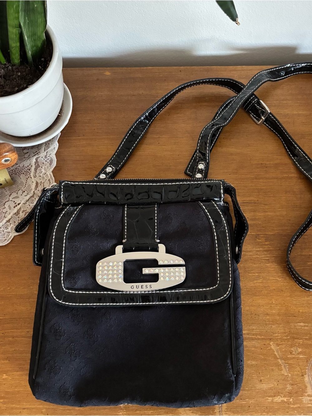 Guess Black Shoulder Bag with Crystal G Buckle